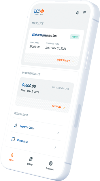 LCI insurance app dashboard with orange accents